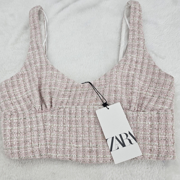 Zara Pink w/ Metallic Threads Tweed  Cropped Tank Top Womens Size Small - Picture 7 of 16